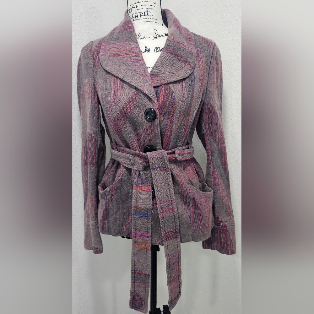 CIDRA Anthropologie Multi Color Woven Belted Blazer Jacket Coat Boho Size 6
